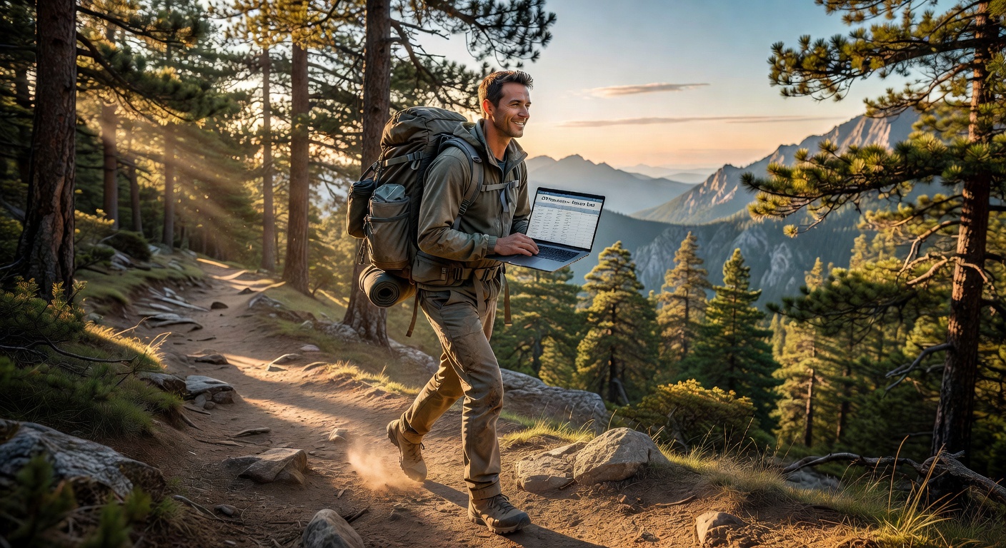 Nomad with backpack and laptop exploring a new city
