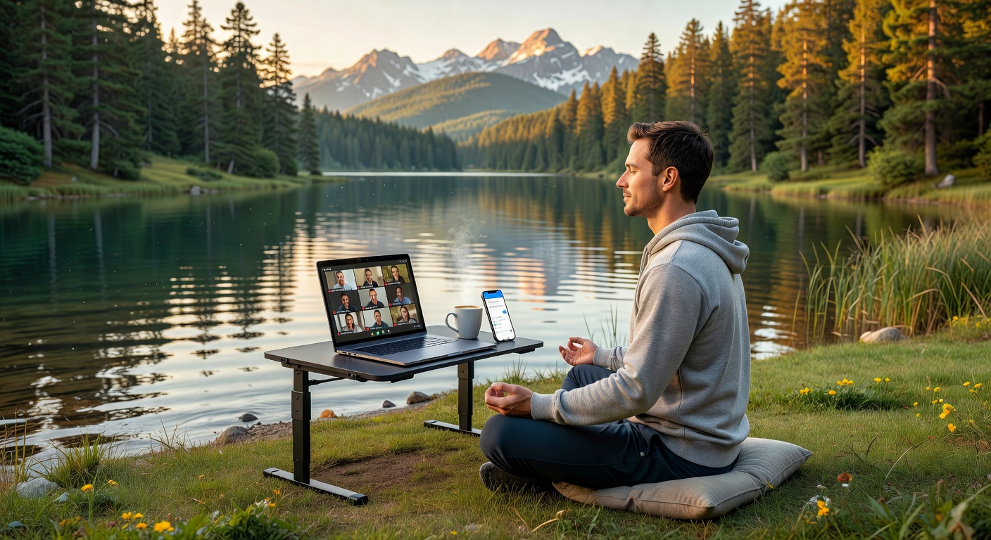 Nomad working peacefully by a lake